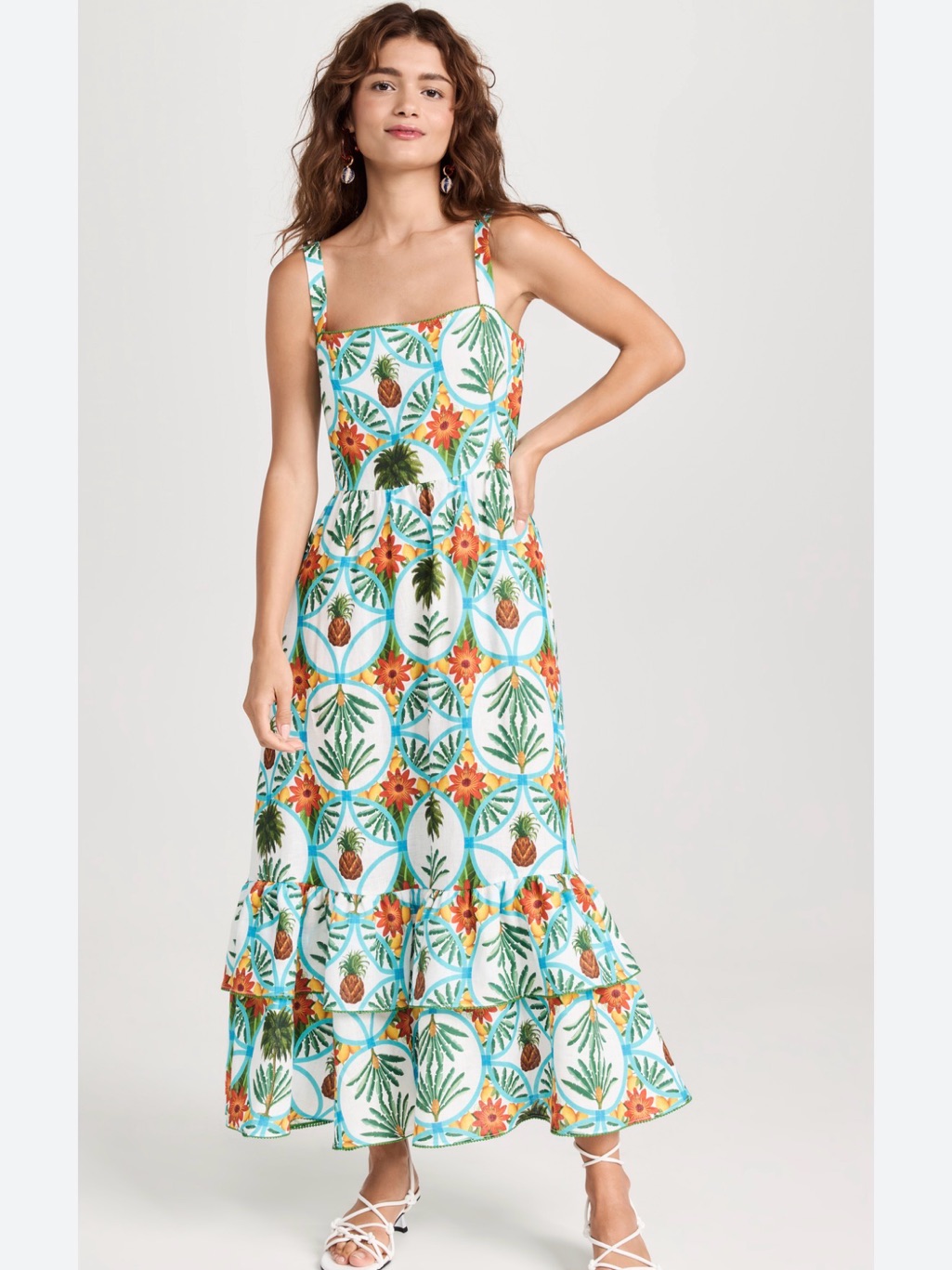 Borgo De Nor Tropical Print Dress - White With Blue & Green Accents - Size 6